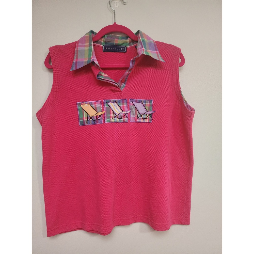 Karen Scott Pink Sleeveless Polo Top Beach Chair Applique Plaid Collar Large
